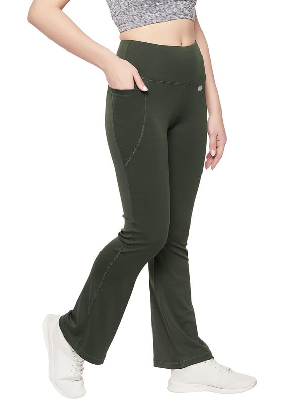 Clovia Women's Comfort Fit High-Rise Flared Yoga Pants with Side Pockets (AB0119R17_Green_M) - Image 3