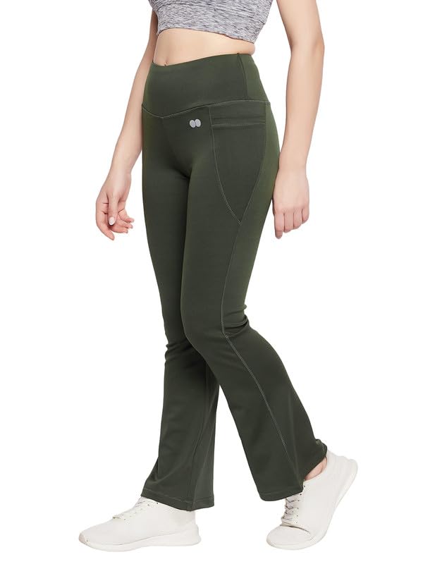 Clovia Women's Comfort Fit High-Rise Flared Yoga Pants with Side Pockets (AB0119R17_Green_M) - Image 2