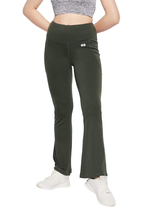 Clovia Women's Comfort Fit High-Rise Flared Yoga Pants with Side Pockets (AB0119R17_Green_M) - Image 1