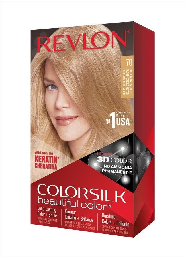 Revlon - Revlon Permanent Hair Color, Permanent Hair Dye, Colorsilk with 100% Gray Coverage, Ammonia-Free, Keratin and Amino Acids, 70 Medium Ash Blonde, 4.4 Oz (Pack of 1) - Image 1