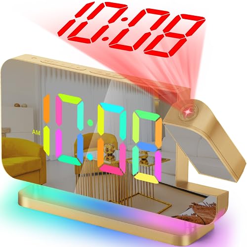 SZELAM Projection Alarm Clock,7.4" LED Mirror Digital Clocks Large Display,with 180° Rotatable Projector,RGB Night Light,USB C Port,Auto Dimmer, Loud Desk Clock for Heavy Sleeper Bedroom - Gold - Image 1