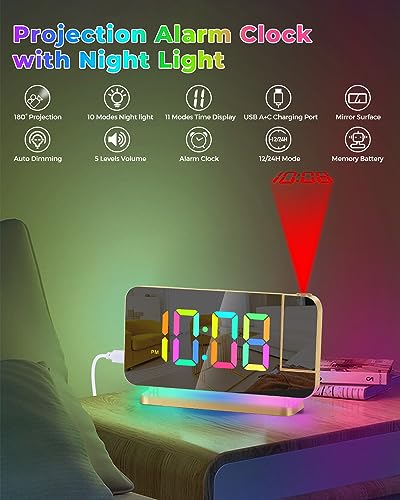 SZELAM Projection Alarm Clock,7.4" LED Mirror Digital Clocks Large Display,with 180° Rotatable Projector,RGB Night Light,USB C Port,Auto Dimmer, Loud Desk Clock for Heavy Sleeper Bedroom - Gold - Image 2