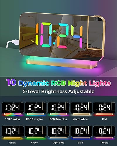 SZELAM Projection Alarm Clock,7.4" LED Mirror Digital Clocks Large Display,with 180° Rotatable Projector,RGB Night Light,USB C Port,Auto Dimmer, Loud Desk Clock for Heavy Sleeper Bedroom - Gold - Image 4