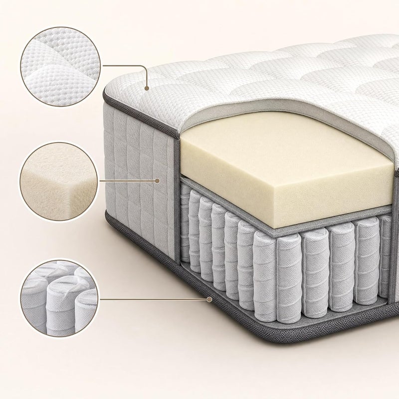 Pocket Spring Mattress with High-Density Foam - Full (140x200cm) - Plush Euro Top for Motion Isolation & Pressure Relief - Image 3