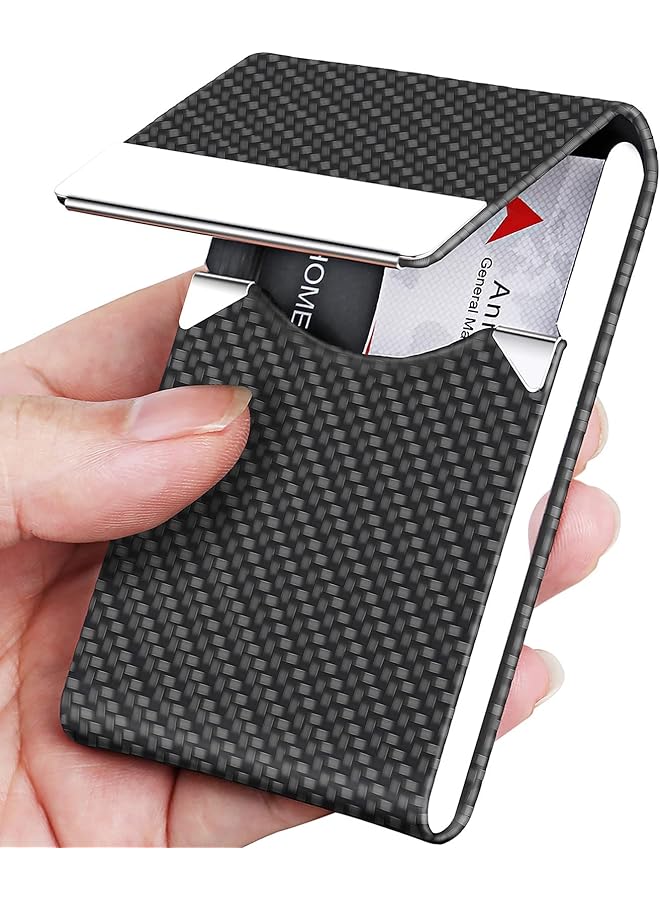 KASTWAVE Business Card Holder Pu Leather Business Card Case Pocket Card Holders For Men Or Women Metal Slim Name Card Holder Rfid Blocking Business Card Carrier With Magnetic Closure Black Carbon - Image 1