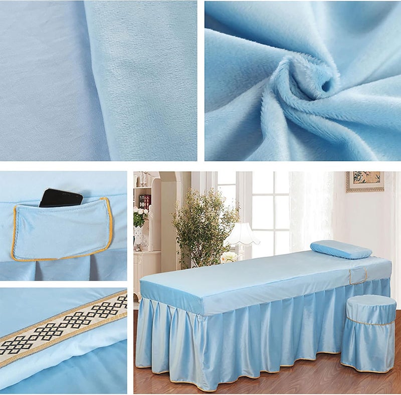 KKLT 4-Piece Massage Table Sheet Set,Flannel Soft Beauty Bedspreads Solid Color Massage Table Skirt for Body Fumigation Massage-Blue 190x70cm(75x28inch) - Image 2