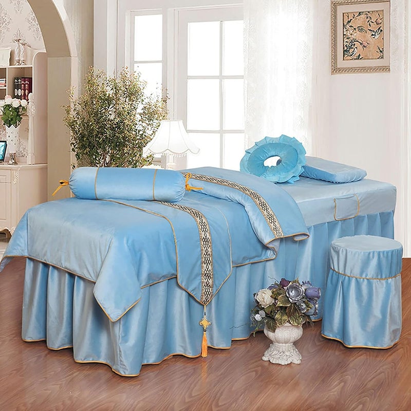 KKLT 4-Piece Massage Table Sheet Set,Flannel Soft Beauty Bedspreads Solid Color Massage Table Skirt for Body Fumigation Massage-Blue 190x70cm(75x28inch) - Image 1