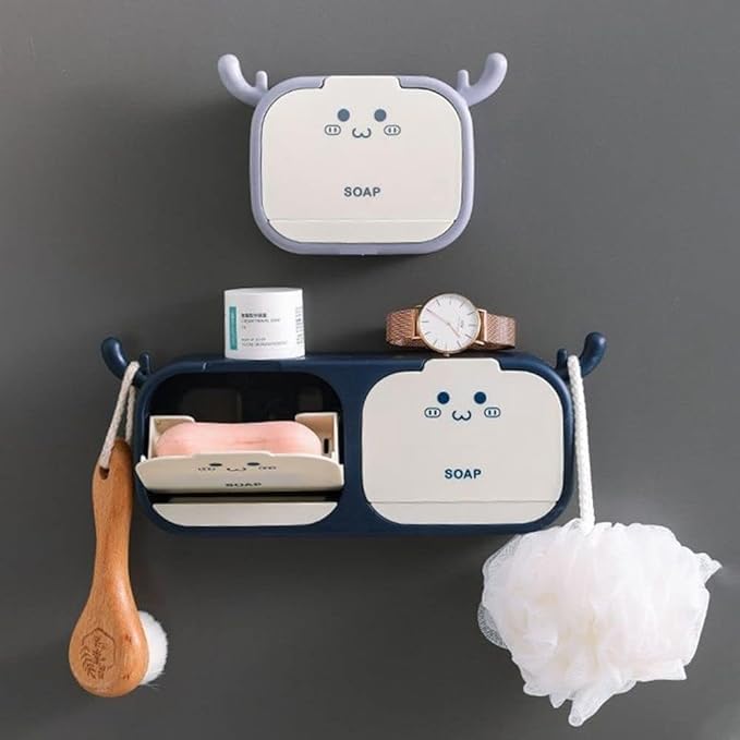 GLOWICK Wall Mounted Soap,Double Soap Holder Box Flip-Top Soap Stand with Hook Wall-Mounted Drain Soap Storage Box Punch-Free Flip Laundry Soap Box (1Pcs) - Image 3