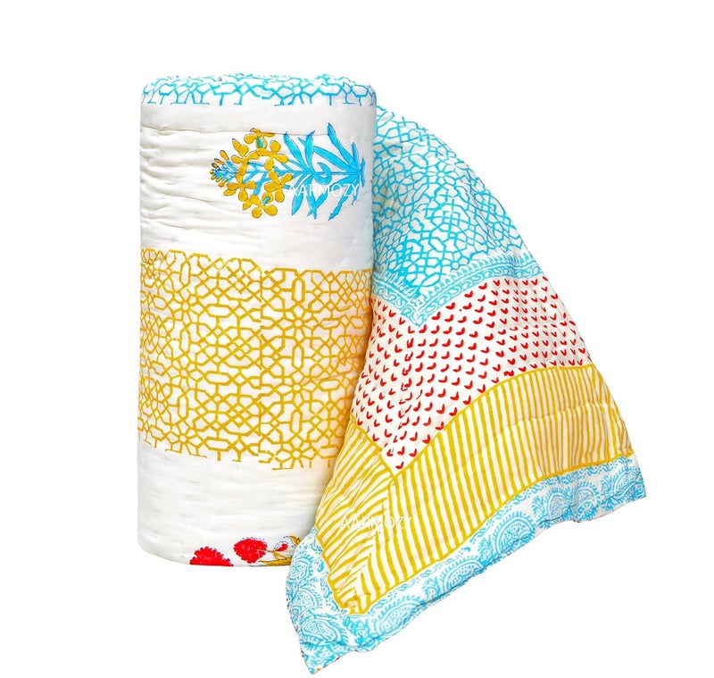 AARMOZY Hand Block Quilt Cotton Double Bed Jaipur Razai Buta Print Multi 90X108 INCHE - Image 1