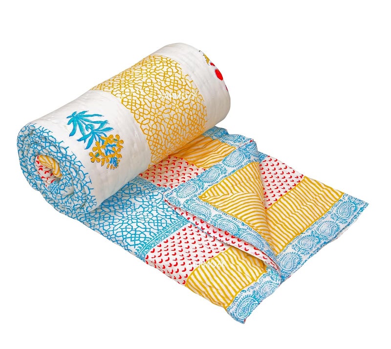 AARMOZY Hand Block Quilt Cotton Double Bed Jaipur Razai Buta Print Multi 90X108 INCHE - Image 3