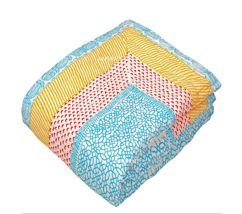 AARMOZY Hand Block Quilt Cotton Double Bed Jaipur Razai Buta Print Multi 90X108 INCHE - Image 2