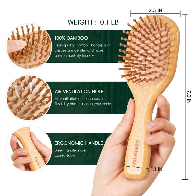 Combetter Mini Bamboo Hair Brush for Hair Growth - Detangling Scalp Massage Brush for Women, Men & Kids For All Hair Types, for Travel Small Hairbrush - Image 2