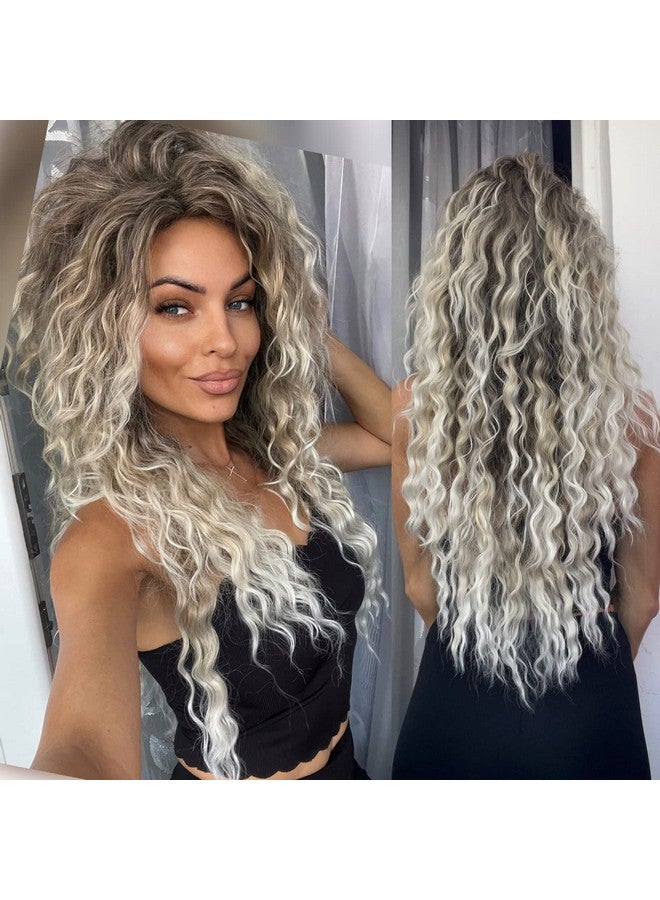 GNIMEGIL Long Curly Wavy Wig For Women Ombre Blonde Wig With Dark Roots Thick Loose Synthetic Hair Wig Heat Resistant Wigs For Halloween Costumes Daily Use - Image 3