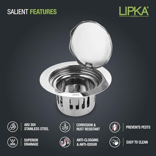 LIPKA Full Moon Round Flat Cut Floor Drain |304-Grade Stainless Steel |5.5 Inches| with Cockroach Trap| - Image 3