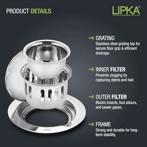 LIPKA Full Moon Round Flat Cut Floor Drain |304-Grade Stainless Steel |5.5 Inches| with Cockroach Trap| - Image 4