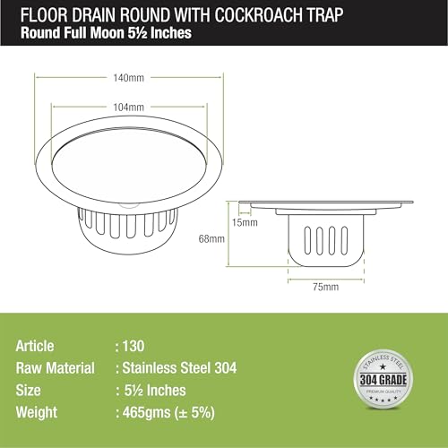 LIPKA Full Moon Round Flat Cut Floor Drain |304-Grade Stainless Steel |5.5 Inches| with Cockroach Trap| - Image 2