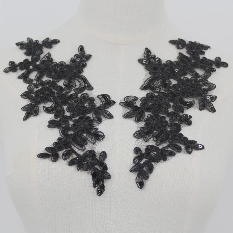 SEMCICOR Set of 2 Sequin Flower Patches Lace Applique Embroidered Trim Applique Motif Wedding Gown Dress Bridal DIY CraftsBlack