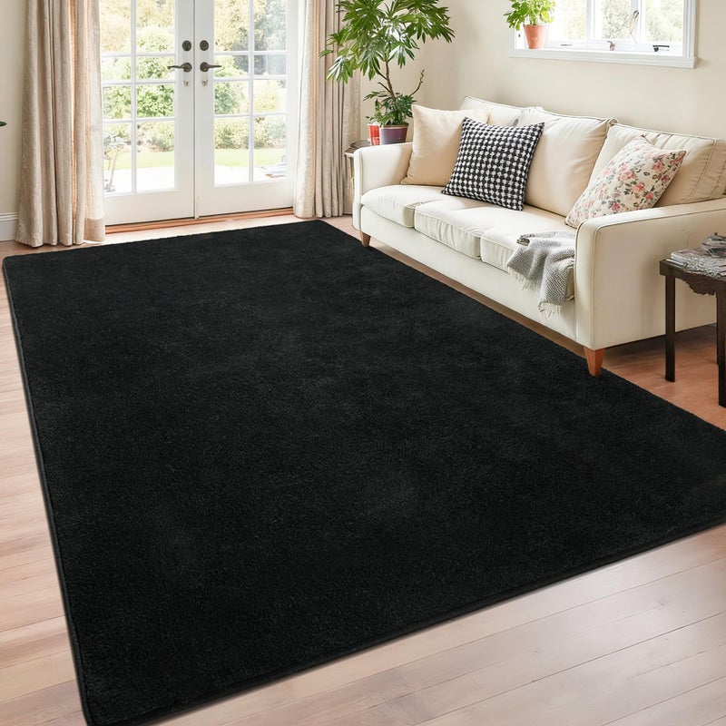 Chicrug 4x6 Minimalist Washable Area Rugs for Bedroom Living Room Classroom, Modern Soft Memory Foam Rug for Kids Nursery, Low Plie Indoor Carpet for Dorm Dining Office Bedside Room Decor, Black - Image 1