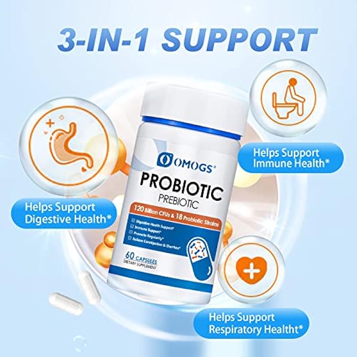 OMOGS Probiotics 120 Billion CFUs 18 Strains, 3 Prebiotics & Digestive Enzymes, Helps Digestive, Gut Health, Immune, Supports Occasional Constipation, Diarrhea & Gas - for Women & Men, 60 Capsules - Image 2