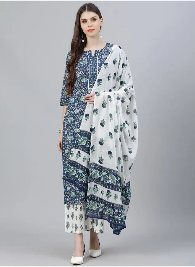 لباس All-Over Print Straight Kurta and Palazzo with Solid Dupatta Set by Styli