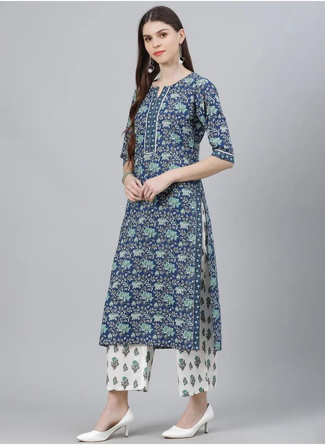 لباس All-Over Print Straight Kurta and Palazzo with Solid Dupatta Set by Styli