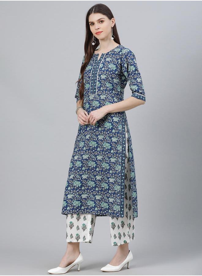 All-Over Print Straight Kurta and Palazzo with Solid Dupatta Set by Styli