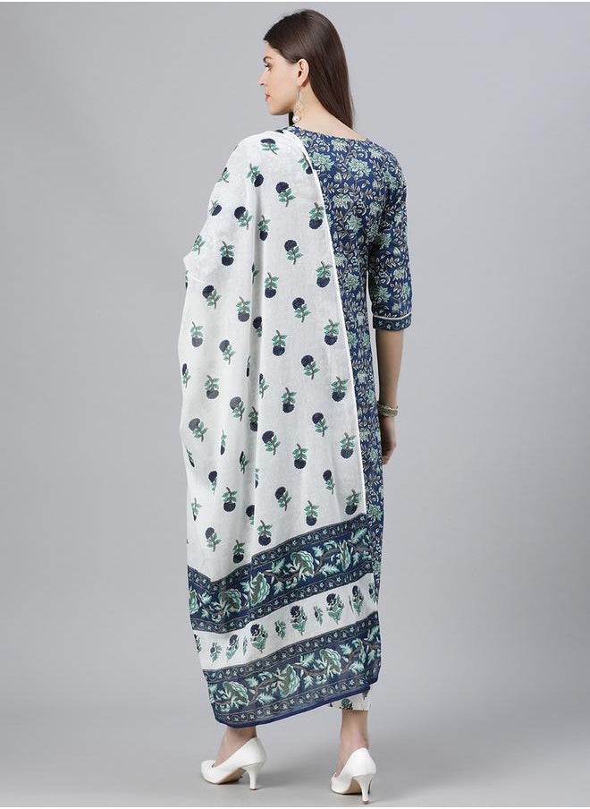 All-Over Print Straight Kurta and Palazzo with Solid Dupatta Set by Styli