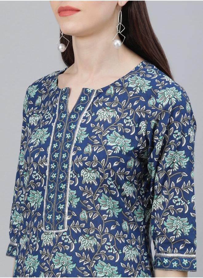 All-Over Print Straight Kurta and Palazzo with Solid Dupatta Set by Styli
