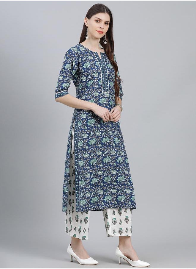All-Over Print Straight Kurta and Palazzo with Solid Dupatta Set by Styli
