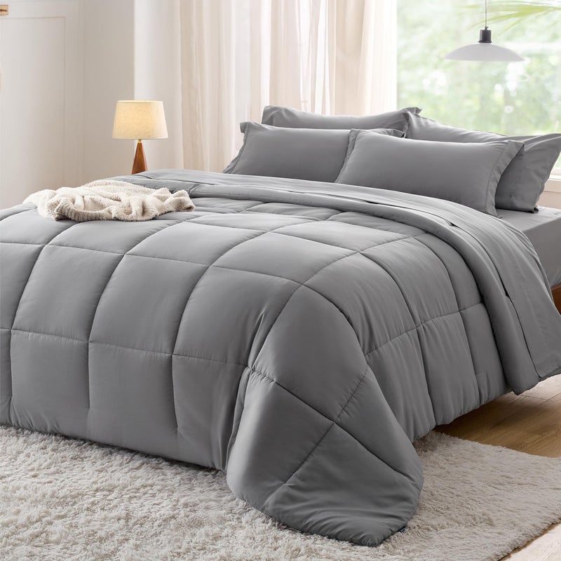 Bedsure Bedsure Grey Comforter Set Queen  7 Pieces Solid Bed in a Bag Queen Bed Set with Comforter Sheets Pillowcases  Shams 