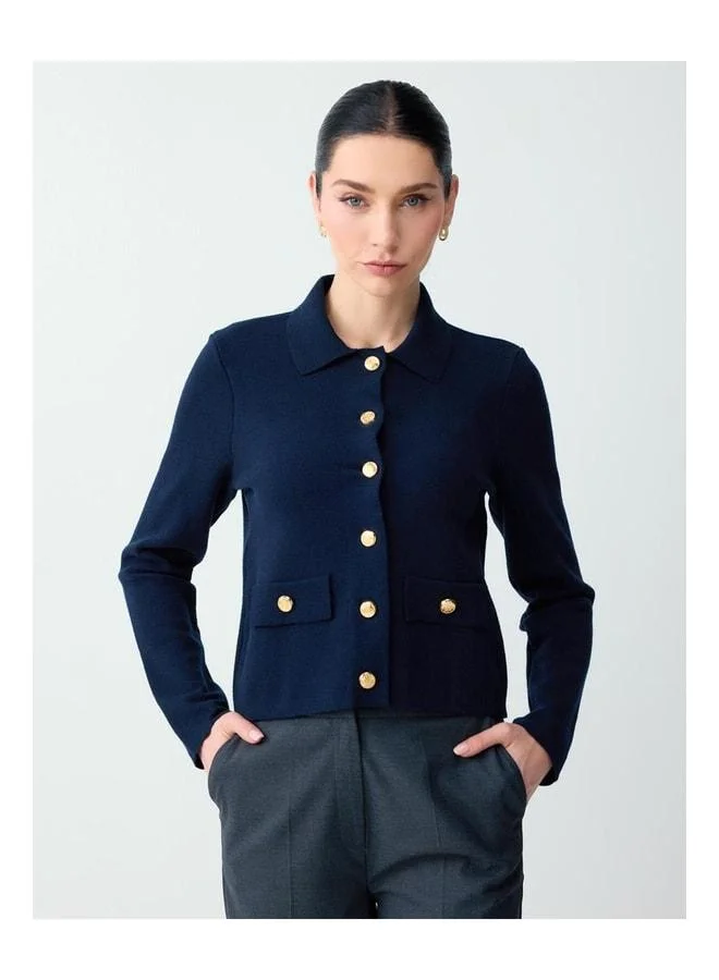 Jimmy Key Navy Long Sleeve Shirt with Button-Detail Knit Cardigan.