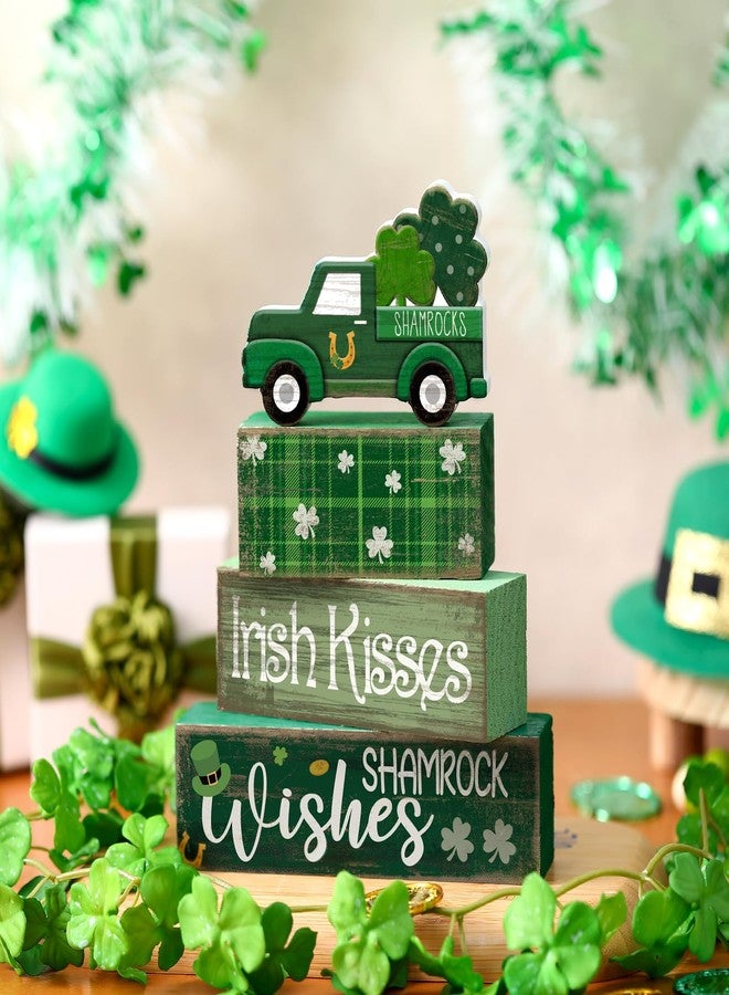 Lineshading 4 Pcs St. Patrick's Day Table Decoration Wooden Shamrocks Truck St Patrick's Day Tiered Tray Decor Irish Table Centerpiece for Saint Patty's Party Farmhouse Home Kitchen Decor - Image 2