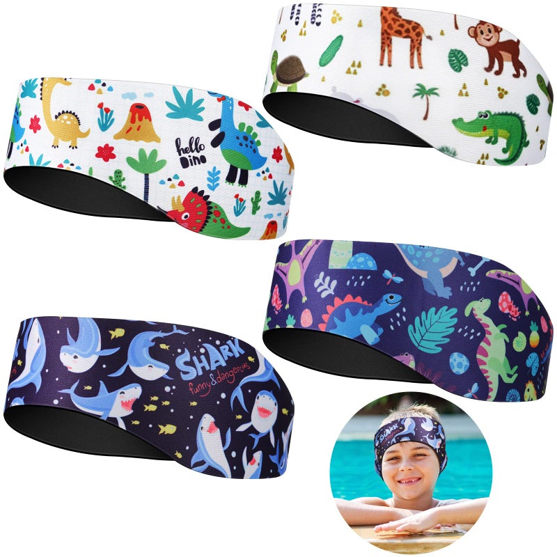 Zhanmai Swimming Headband, 4 Pieces Kids Waterproof Neoprene Hairband with Ear Covers, Adjustable Swimmer's Headband for Ear Protection (Dinosaur Style, 22 Inch) - Image 1