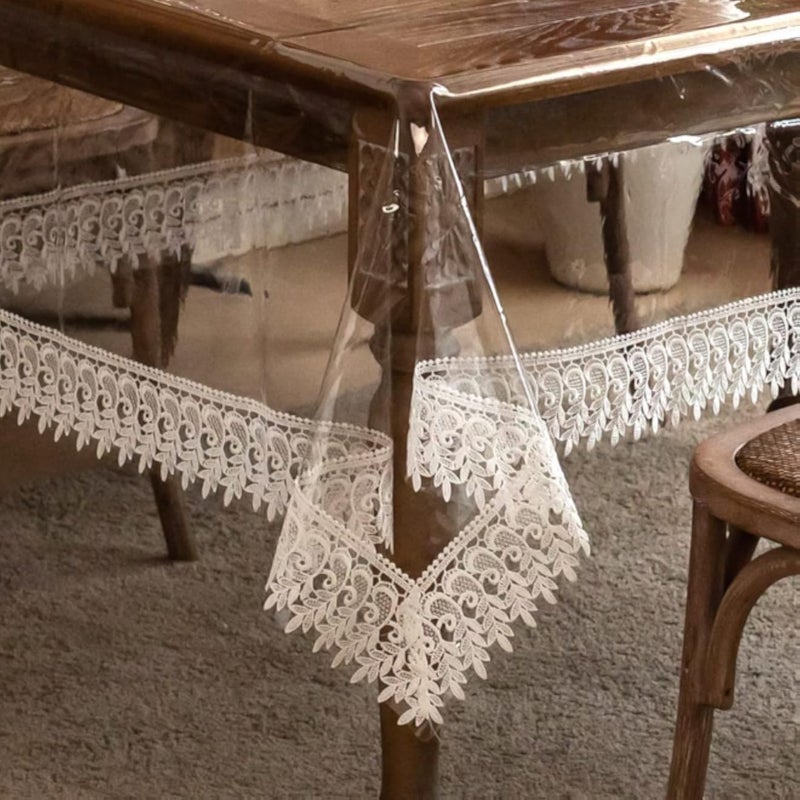 مفرش طاولة مستطيل من الفينيل PVC المقاوم للماء، غطاء طاولة شفاف مع حافة من الدانتيل بلون الشمبانيا، مناسب لحفلات الزفاف والمطابخ والمنازل والأماكن الخارجية والداخلية والعطلات والحفلات (أبيض كريمي، 60 × 84 بوصة)