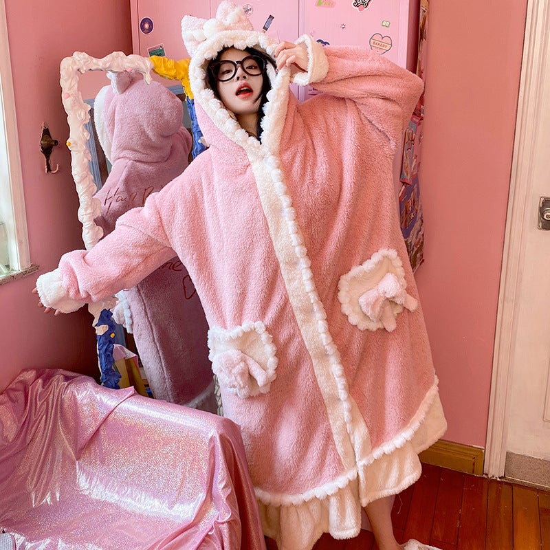 Internet celebrity autumn and winter thickened plush pajamas girl nightgown bathrobe cardigan sweet bow long homewear - Image 5