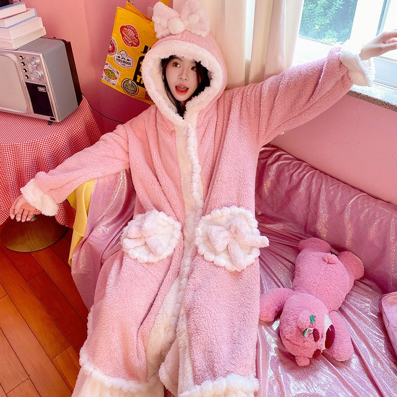 Internet celebrity autumn and winter thickened plush pajamas girl nightgown bathrobe cardigan sweet bow long homewear - Image 1