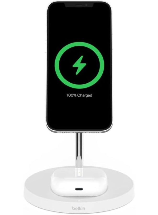 belkin 2-in-1 iPhone Wireless Charger With Magsafe, 15W Fast Charging iPhone Charger Stand For iPhone 14, 13, 12 Series, Airpods And Other Magsafe Enabled Devices With Included Power Adapter White - Image 2