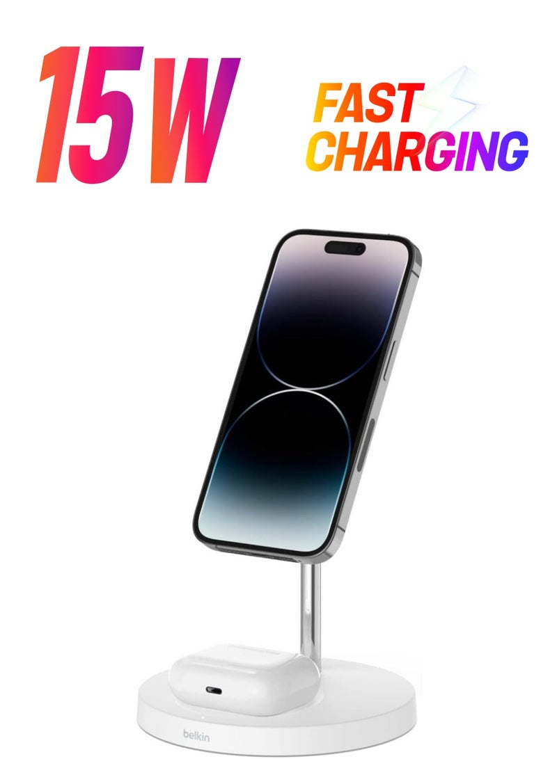 belkin 2-in-1 iPhone Wireless Charger With Magsafe, 15W Fast Charging iPhone Charger Stand For iPhone 14, 13, 12 Series, Airpods And Other Magsafe Enabled Devices With Included Power Adapter White - Image 1
