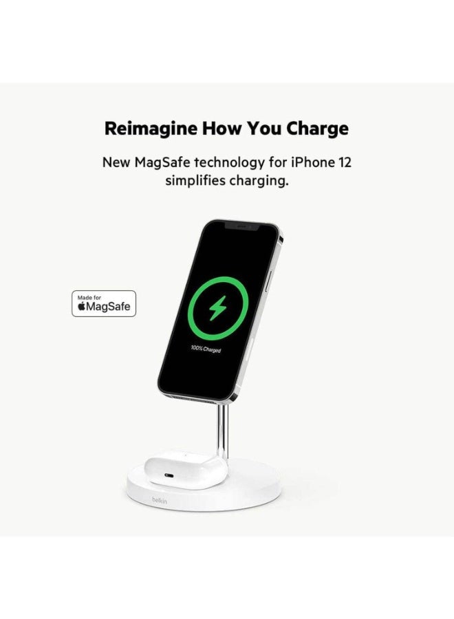 belkin 2-in-1 iPhone Wireless Charger With Magsafe, 15W Fast Charging iPhone Charger Stand For iPhone 14, 13, 12 Series, Airpods And Other Magsafe Enabled Devices With Included Power Adapter White - Image 3