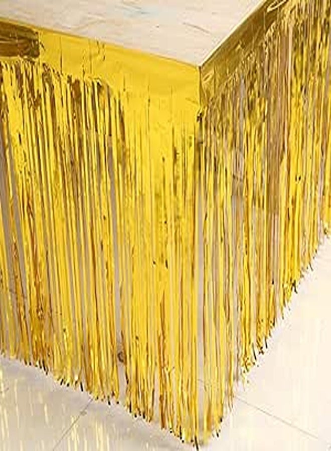 Party Foil Metallic Table Skirt - Birthday Party Decoration with Adhesive Tape - (Gold) (274x74cm) 