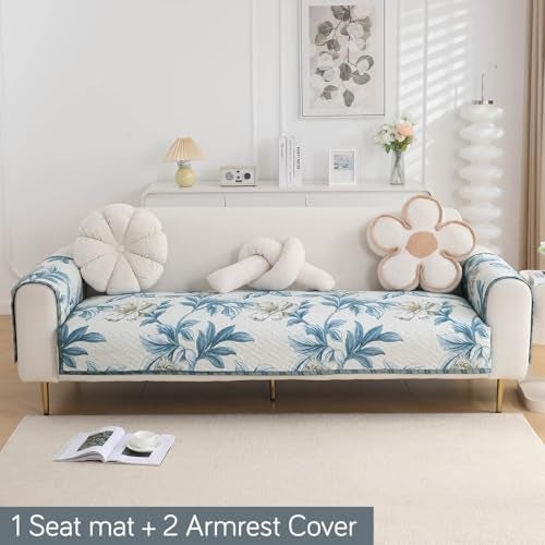HOKIPO 'HomeHues Series' Printed Quilted Sofa Seat Mat for 1 Seater Sofa with 2 Armrest Covers with Pockets, Celadon Blue Camellia (IN-806-D8 + IN-814-D8*2) - Image 3