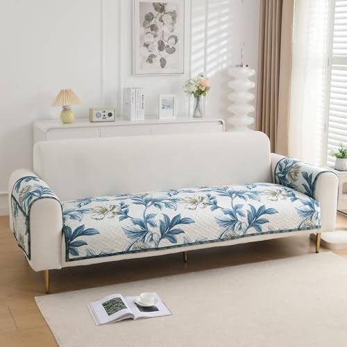 HOKIPO 'HomeHues Series' Printed Quilted Sofa Seat Mat for 1 Seater Sofa with 2 Armrest Covers with Pockets, Celadon Blue Camellia (IN-806-D8 + IN-814-D8*2) - Image 1