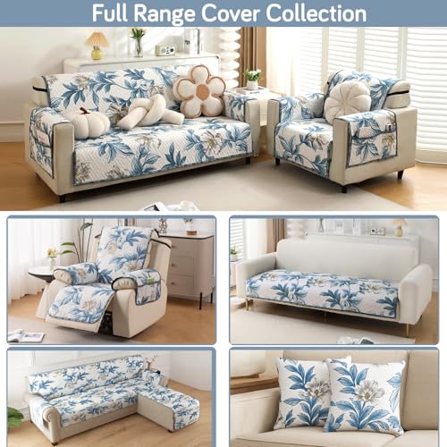 HOKIPO 'HomeHues Series' Printed Quilted Sofa Seat Mat for 1 Seater Sofa with 2 Armrest Covers with Pockets, Celadon Blue Camellia (IN-806-D8 + IN-814-D8*2) - Image 5
