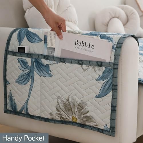 HOKIPO 'HomeHues Series' Printed Quilted Sofa Seat Mat for 1 Seater Sofa with 2 Armrest Covers with Pockets, Celadon Blue Camellia (IN-806-D8 + IN-814-D8*2) - Image 2