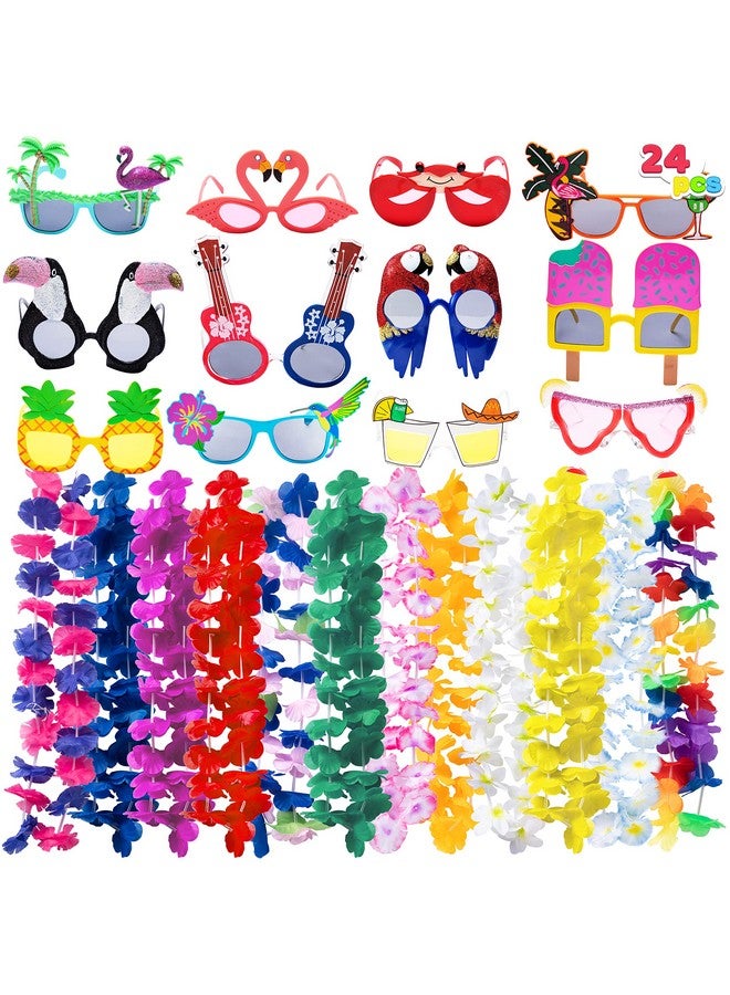 JOYIN 12 Pieces Luau Party Glasses And 12 Pieces Hawaiian Leis, Flowers Leis Garlands Novelty Sunglasses, Tropical Birthday Summer Beach Party Decoration Supplies - Image 1