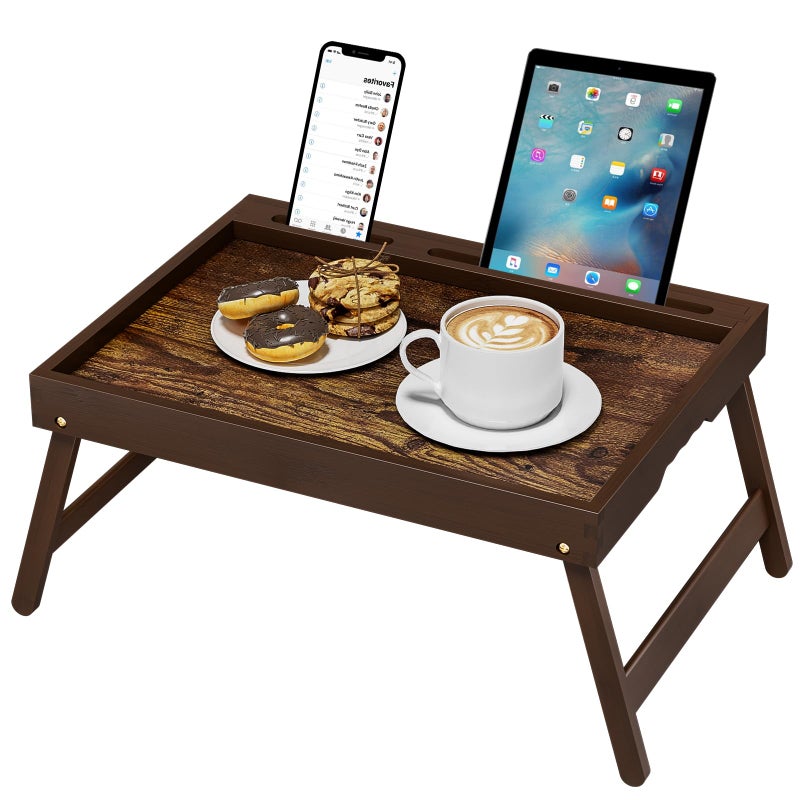 promitop Bamboo Breakfast Tray with Foldable Legs & Detachable Stand | Ergonomic Handle | Portable Bed Tray for Eating, Working, Laptop, Tablet, and Phone（Vintage Walnut） - Image 1