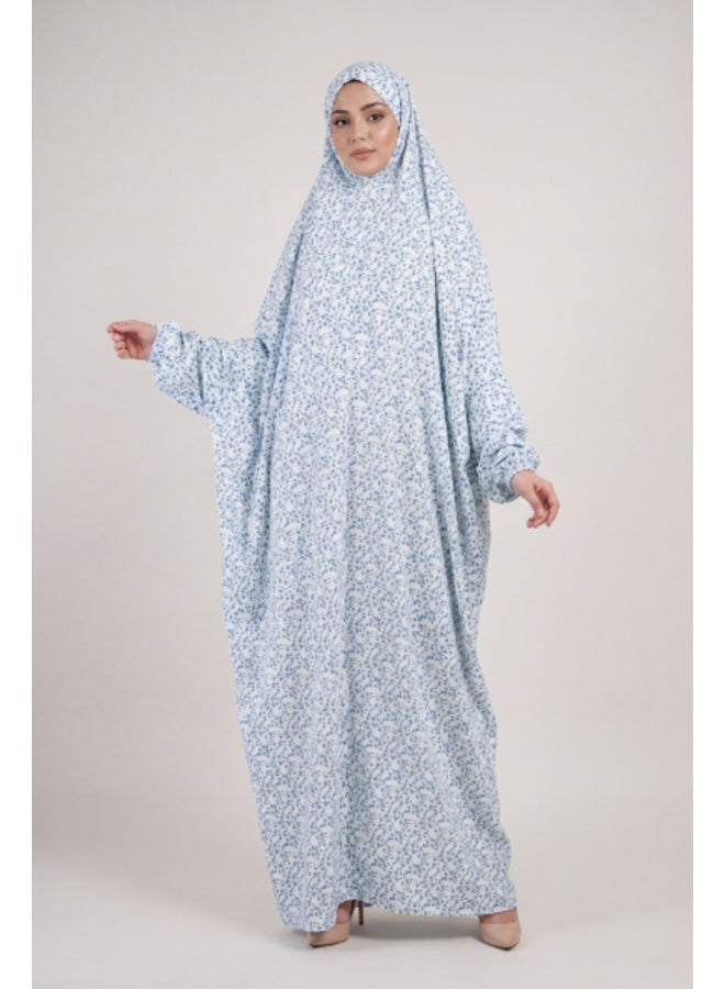 أمياي فستان صلاة إسلامي قطعة واحدة بأكمام طويلة للنساء - جلباب قطني أبيض بنقشة زهور - Image 1