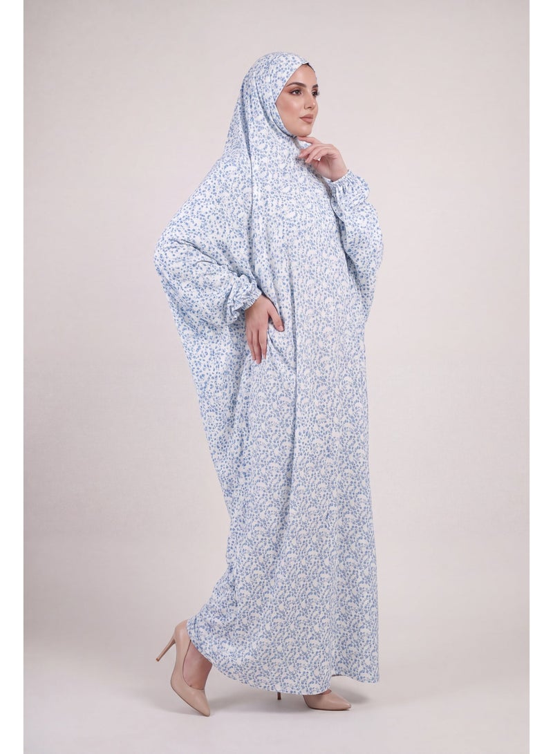 أمياي فستان صلاة إسلامي قطعة واحدة بأكمام طويلة للنساء - جلباب قطني أبيض بنقشة زهور - Image 3