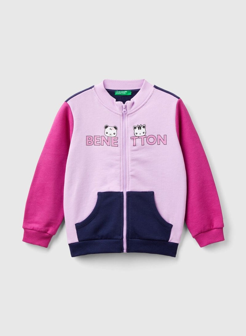 Benetton Logo Print Zip Long Sleeve Sweatshirt  - Image 1