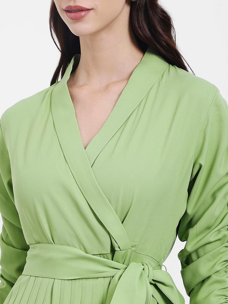 Styli Women Accordion Pleated Wrap Maxi Dress with Tie-Up Details | V-Neck | Long Sleeves | Flared Hem | Elegant, Casual Wear & Special Occasion Outfit | Green_S - Image 4